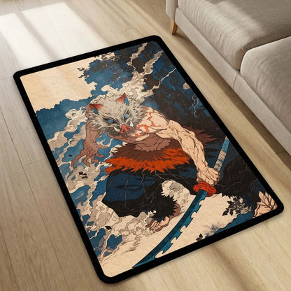 Inosuke Hashibira Anime Area Flat Rug | Demon Slayer Inspired Floor Mat | Beast Mask Anime Flat Rug for Bedroom, Gaming Room & Otaku Decor | Anti Slip Washable 3 mm Carpet