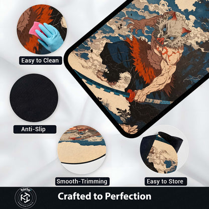 Inosuke Hashibira Anime Area Flat Rug | Demon Slayer Inspired Floor Mat | Beast Mask Anime Flat Rug for Bedroom, Gaming Room & Otaku Decor | Anti Slip Washable 3 mm Carpet