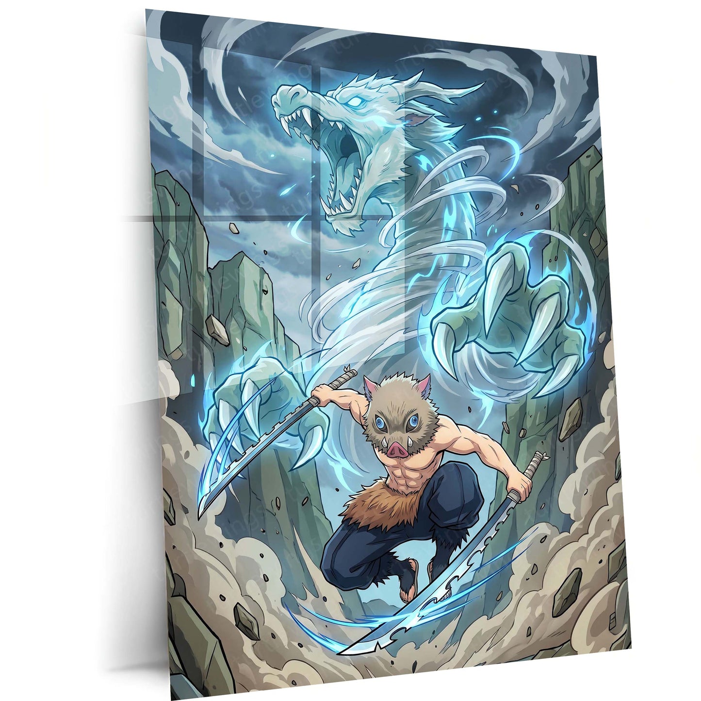 Anime Metal Poster | Inosuke Hashibira Beast Breathing Metal Poster | Demon Slayer Anime Wall Art | Premium Action Metal Print
