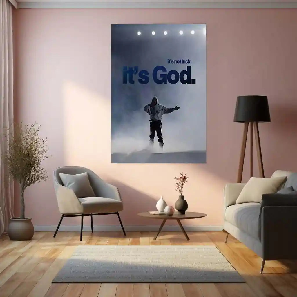 Quote Metal Poster | It’s Not Luck, It’s God – Kanye West Quote Metal Frame Faith Over Chance Motivational Wall Art | “It’s Not Luck, It’s God” Belief & Purpose Quote Metal Poster - TURTLEWINGS 