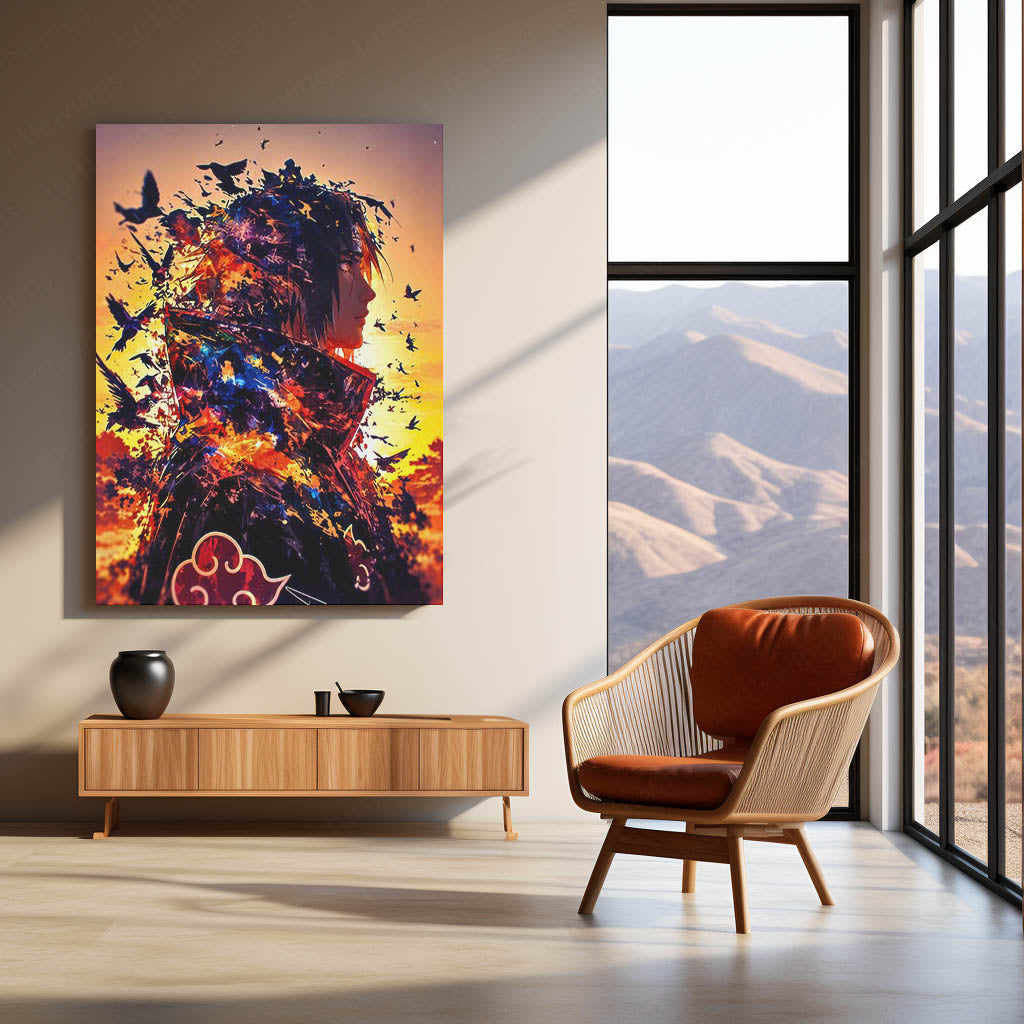 Anime Metal Poster | Naruto Metal Poster | Itachi Uchiha Akatsuki Sunset Wall Art | Epic Shinobi Anime Metal Frame