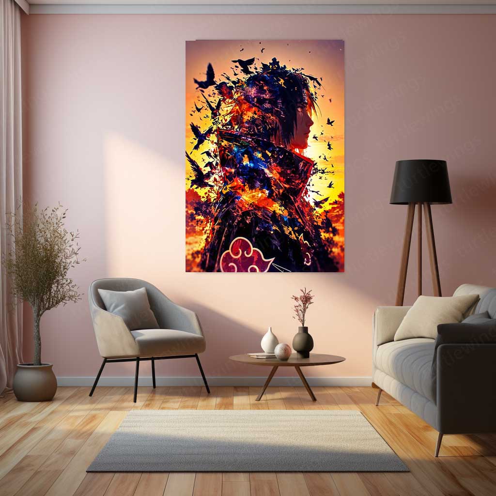 Anime Metal Poster | Naruto Metal Poster | Itachi Uchiha Akatsuki Sunset Wall Art | Epic Shinobi Anime Metal Frame