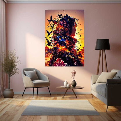 Anime Metal Poster | Naruto Metal Poster | Itachi Uchiha Akatsuki Sunset Wall Art | Epic Shinobi Anime Metal Frame