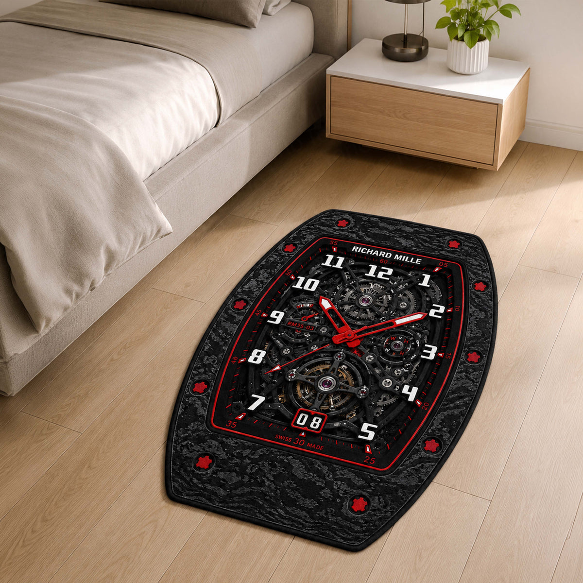 Richard Mille RM 35-03 Carbon Red Skeleton Dial Flat Rug | Luxury Watch Face Area Flat Rug | Premium Mechanical Timepiece Floor Mat for Bedroom, Gaming Room & Collector Décor