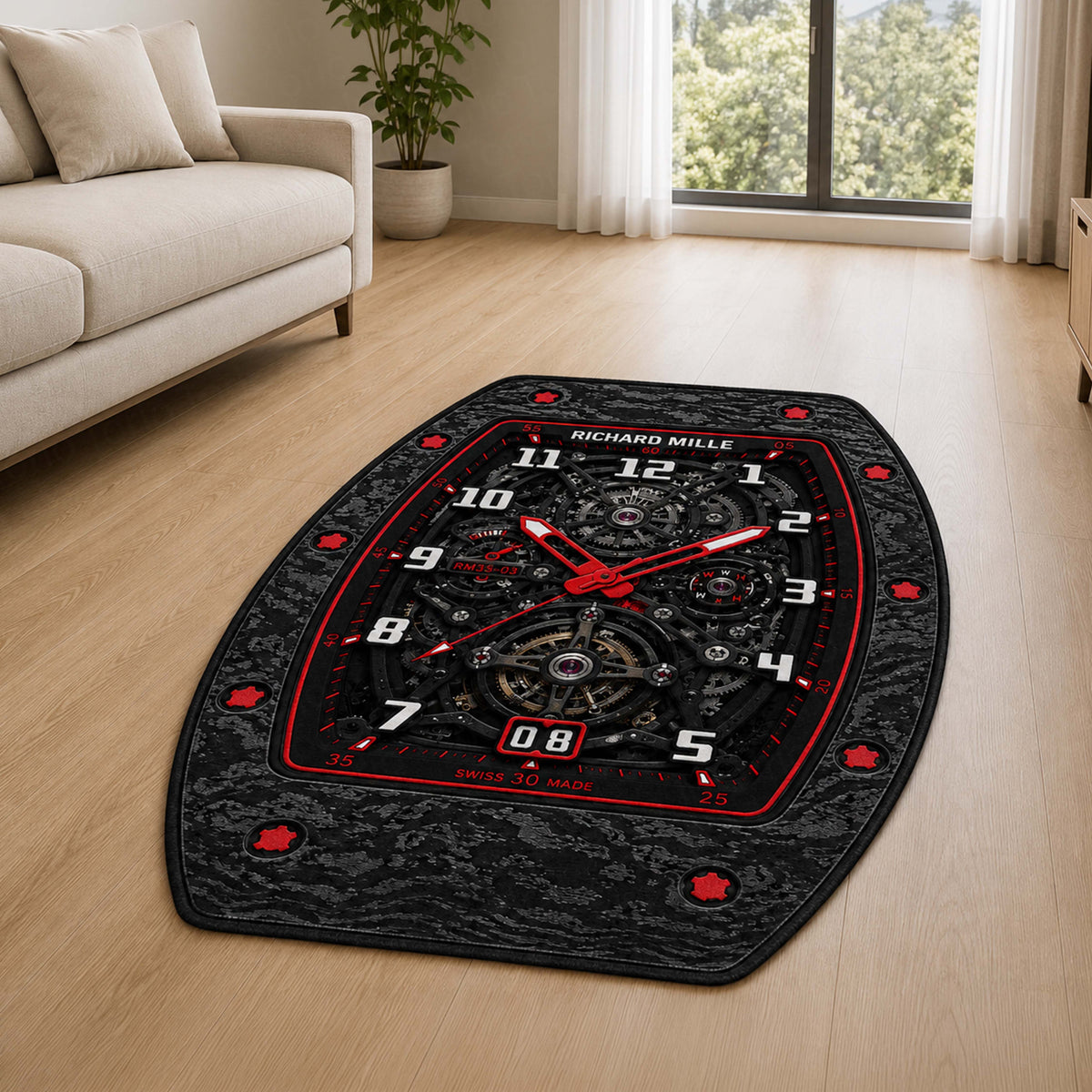 Richard Mille RM 35-03 Carbon Red Skeleton Dial Flat Rug | Luxury Watch Face Area Flat Rug | Premium Mechanical Timepiece Floor Mat for Bedroom, Gaming Room & Collector Décor
