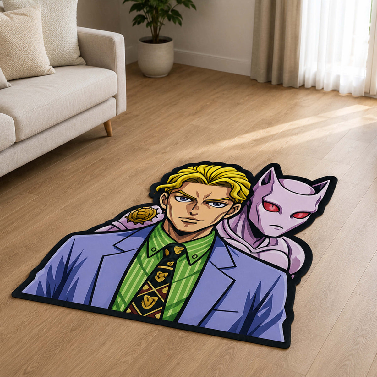 Yoshikage Kira & Killer Queen Cut-out Flat Rug | JoJo's Bizarre Adventure Anime Flat Rug | Premium JoJo Gaming Room Decor