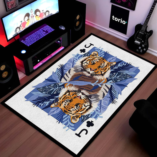 Tiger Playing Card Area Flat Rug | King of Jungle Floor Mat | Royal Animal Theme Carpet for Bedroom, Living Room & Gaming Setup | Anti Slip Washable 3 mm Flat Rug