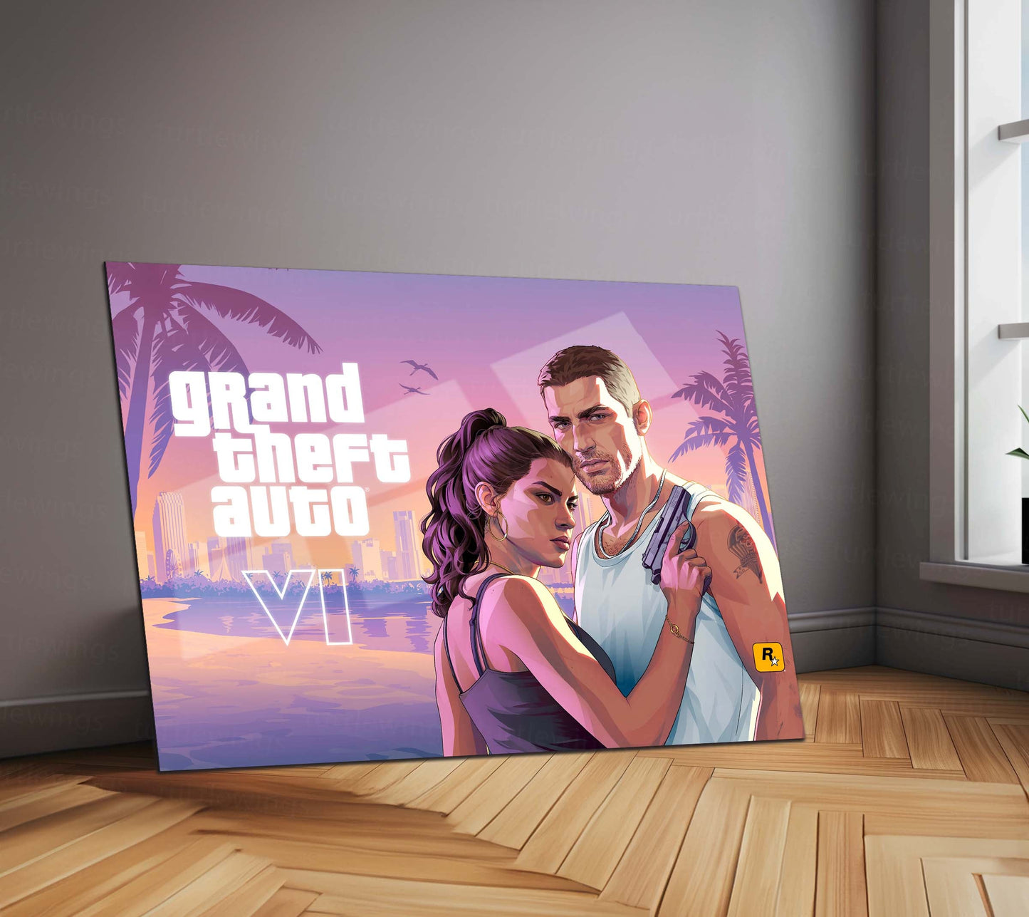 Grand Theft Auto VI Jason & Lucia Landscape Metal Poster | GTA 6 Vice City Gaming Wall Art