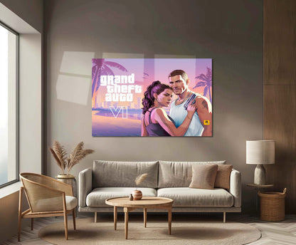 Grand Theft Auto VI Jason & Lucia Landscape Metal Poster | GTA 6 Vice City Gaming Wall Art