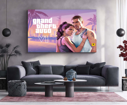 Grand Theft Auto VI Jason & Lucia Landscape Metal Poster | GTA 6 Vice City Gaming Wall Art