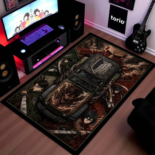 Attack on Titan Jeep Wrangler Anime Area Flat Rug | AOT Titan Floor Mat | Eren Yeager Levi Ackerman Gaming Flat Rug for Bedroom, Gaming Room, Anime Setup & Otaku Decor