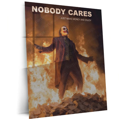 Joker – Nobody Cares, Just Make Money and Enjoy | Cinematic Motivation Metal Frame | Dark Psychology Wall Art