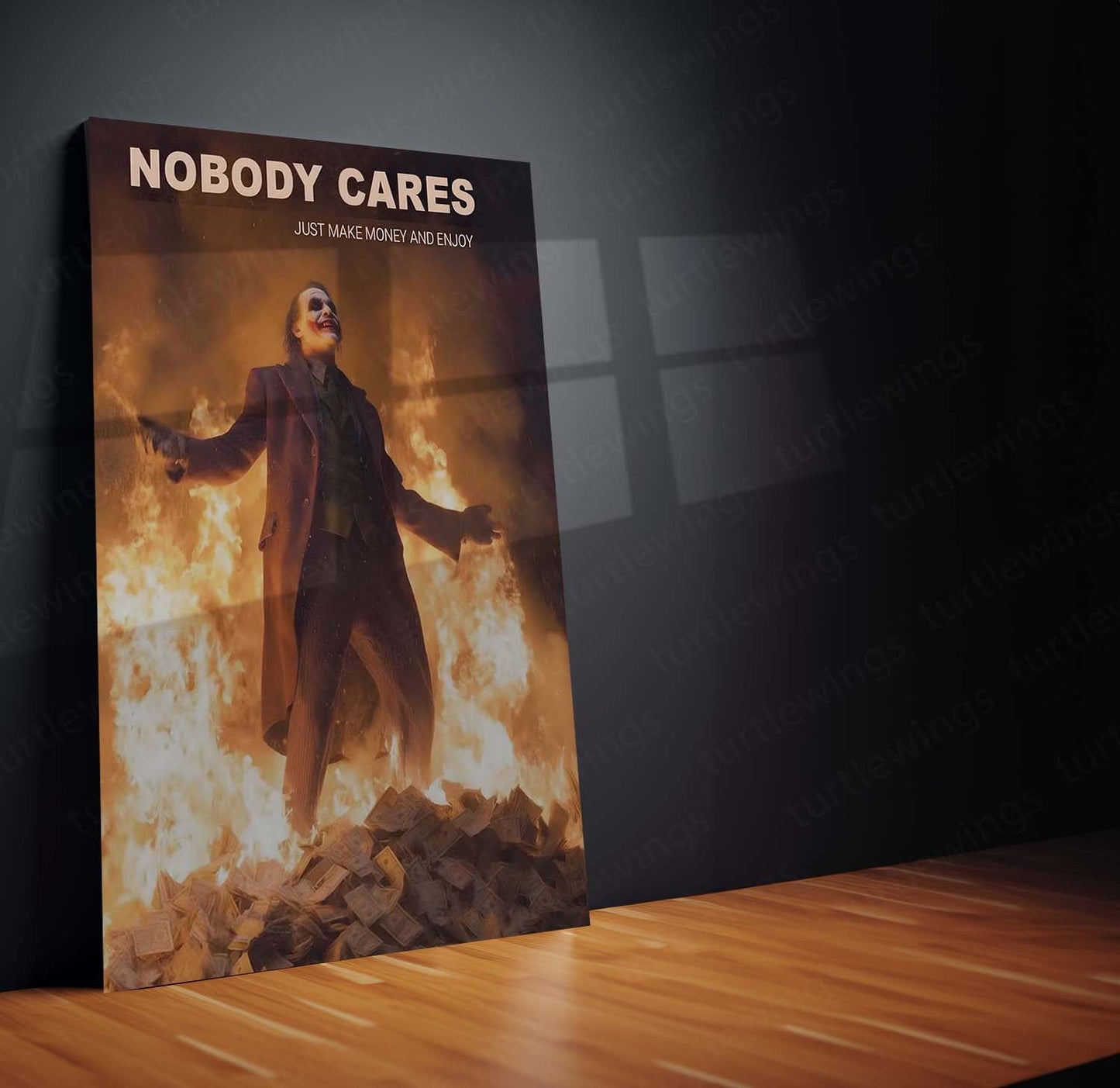 Joker – Nobody Cares, Just Make Money and Enjoy | Cinematic Motivation Metal Frame | Dark Psychology Wall Art