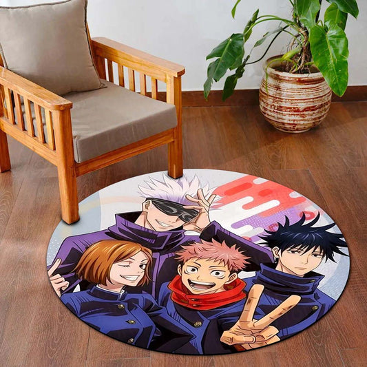 Jujutsu Kaisen Round Flat Rug | Gojo, Yuji, Nobara & Megumi Anime Floor Mat | Anti-Slip 3 mm Absorbent Circle Flat Rug for Bedroom, Gaming Room & Anime Fans