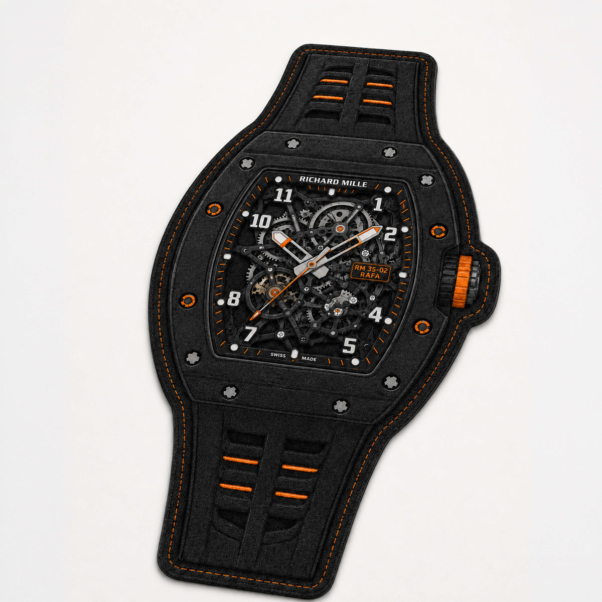 Richard Mille RM 35-02 Black & Orange Watch Flat Rug | Luxury Skeleton Watch Area Flat Rug | Premium Mechanical Timepiece Floor Mat for Bedroom, Gaming Room & Collector Décor