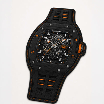 Richard Mille RM 35-02 Black & Orange Watch Flat Rug | Luxury Skeleton Watch Area Flat Rug | Premium Mechanical Timepiece Floor Mat for Bedroom, Gaming Room & Collector Décor