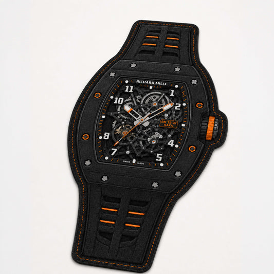 Richard Mille RM 35-02 Black & Orange Watch Flat Rug | Luxury Skeleton Watch Area Flat Rug | Premium Mechanical Timepiece Floor Mat for Bedroom, Gaming Room & Collector Décor
