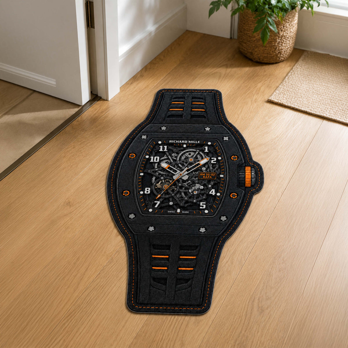 Richard Mille RM 35-02 Black & Orange Watch Flat Rug | Luxury Skeleton Watch Area Flat Rug | Premium Mechanical Timepiece Floor Mat for Bedroom, Gaming Room & Collector Décor