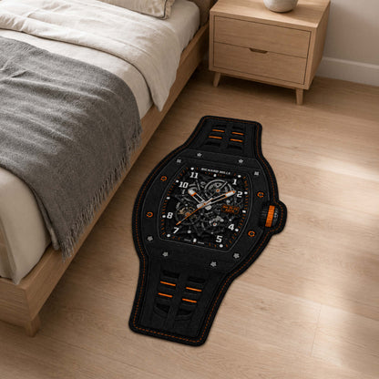 Richard Mille RM 35-02 Black & Orange Watch Flat Rug | Luxury Skeleton Watch Area Flat Rug | Premium Mechanical Timepiece Floor Mat for Bedroom, Gaming Room & Collector Décor