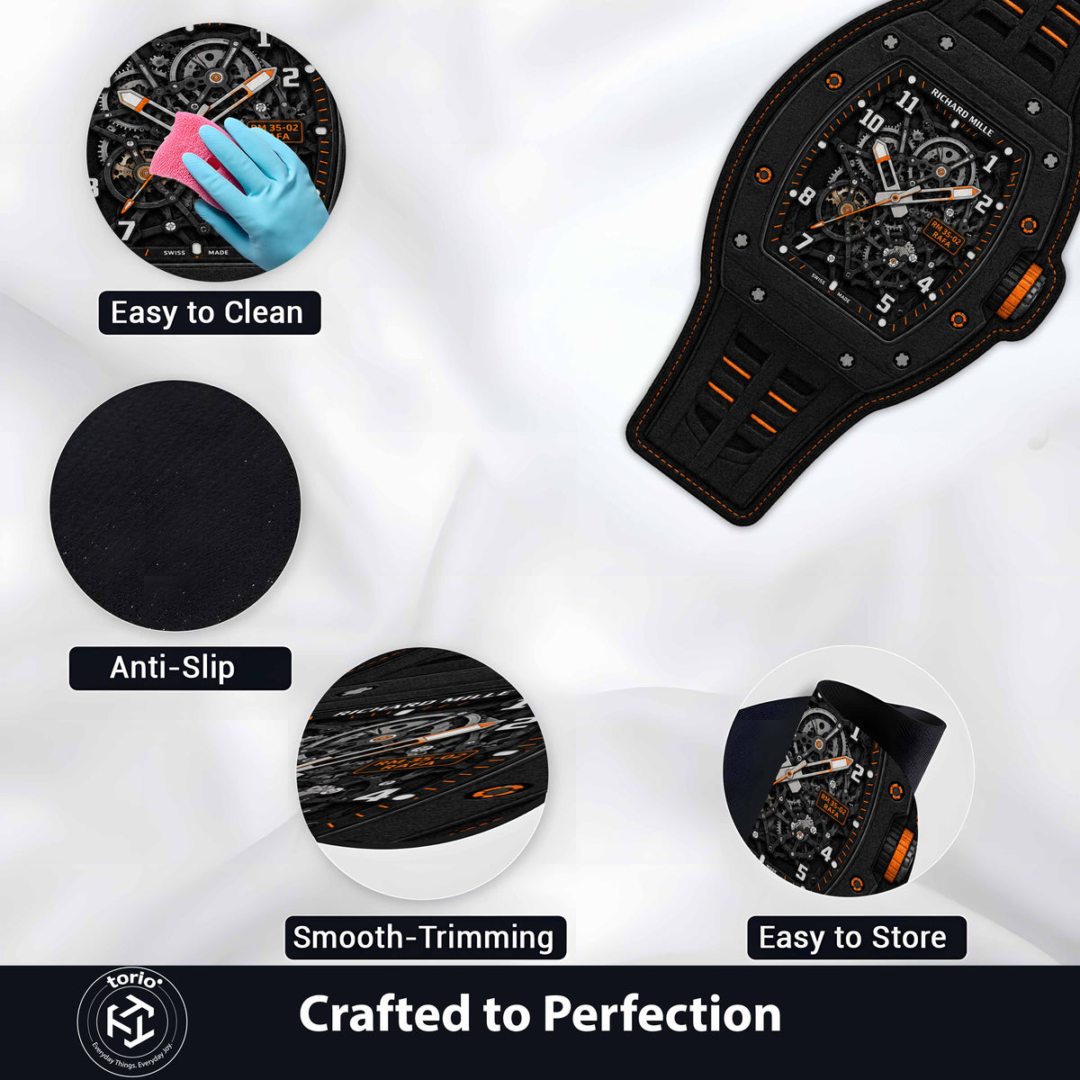 Richard Mille RM 35-02 Black & Orange Watch Flat Rug | Luxury Skeleton Watch Area Flat Rug | Premium Mechanical Timepiece Floor Mat for Bedroom, Gaming Room & Collector Décor