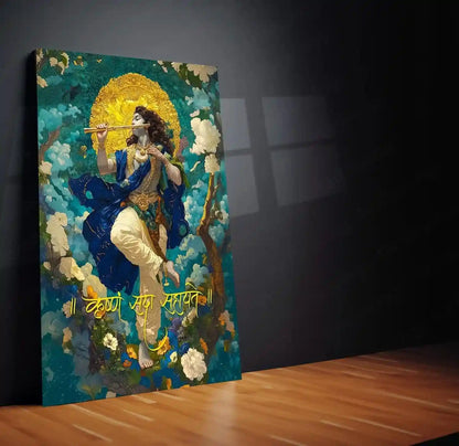 Spiritual God Metal Poster | Krushna Sada Sahayte Metal Poster | Divine Krishna Wall Art | Spiritual Home Decor - TURTLEWINGS