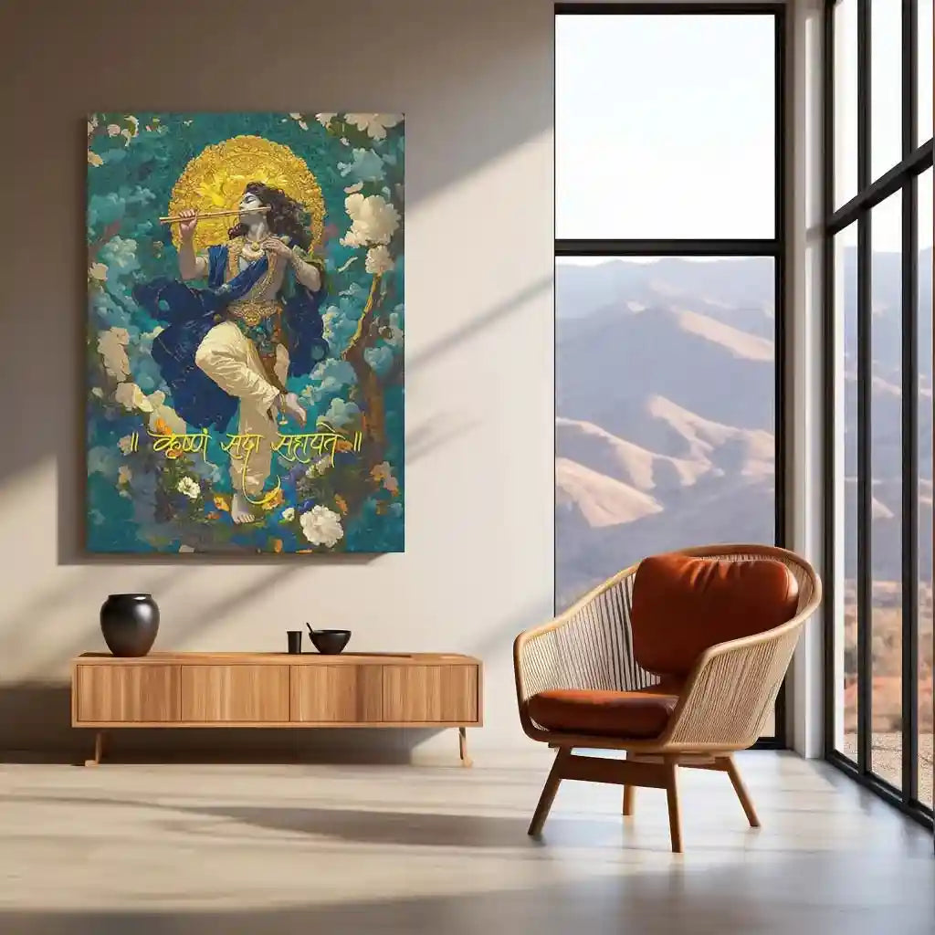 Spiritual God Metal Poster | Krushna Sada Sahayte Metal Poster | Divine Krishna Wall Art | Spiritual Home Decor - TURTLEWINGS