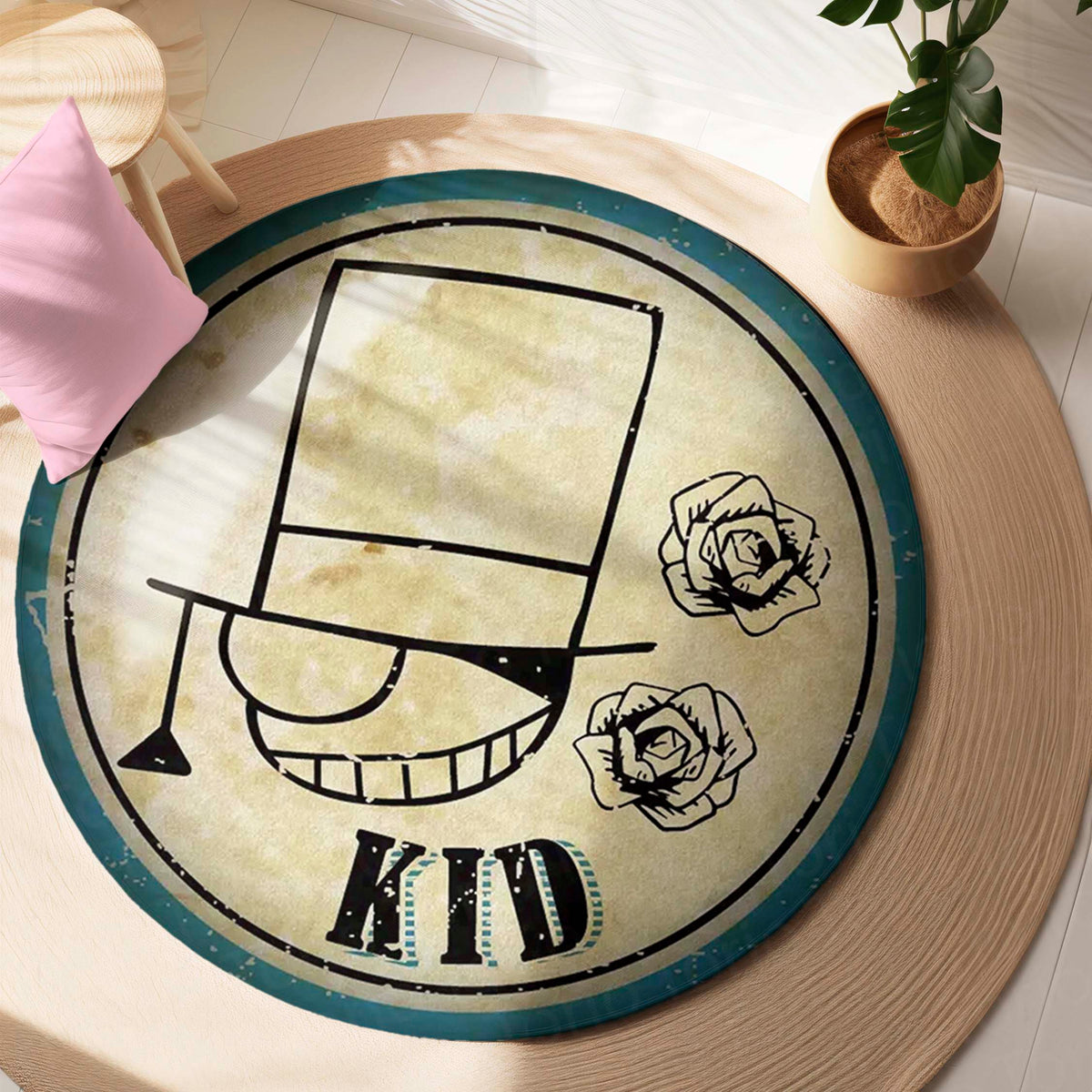 Kaito Kid Round Flat Rug | Detective Conan Phantom Thief Anime Floor Mat | Anti-Slip 3 mm Absorbent Circle Flat Rug for Bedroom, Gaming Room & Anime Fans