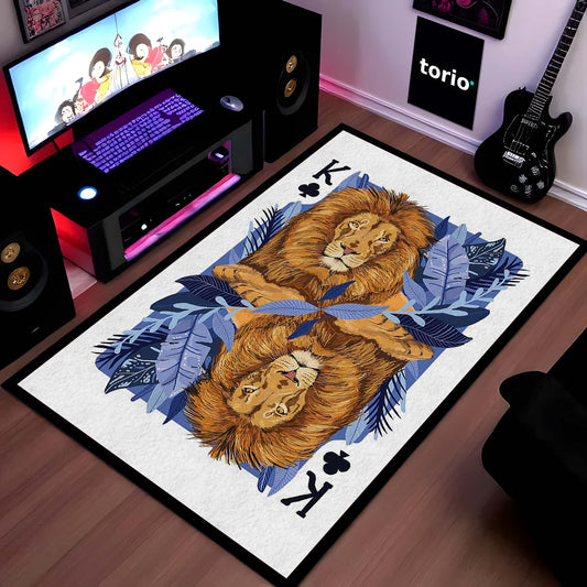 Lion King Playing Card Area Flat Rug | King of Jungle Floor Mat | Royal Lion Carpet for Bedroom, Living Room & Gaming Setup | Anti Slip Washable 3 mm Flat Rug