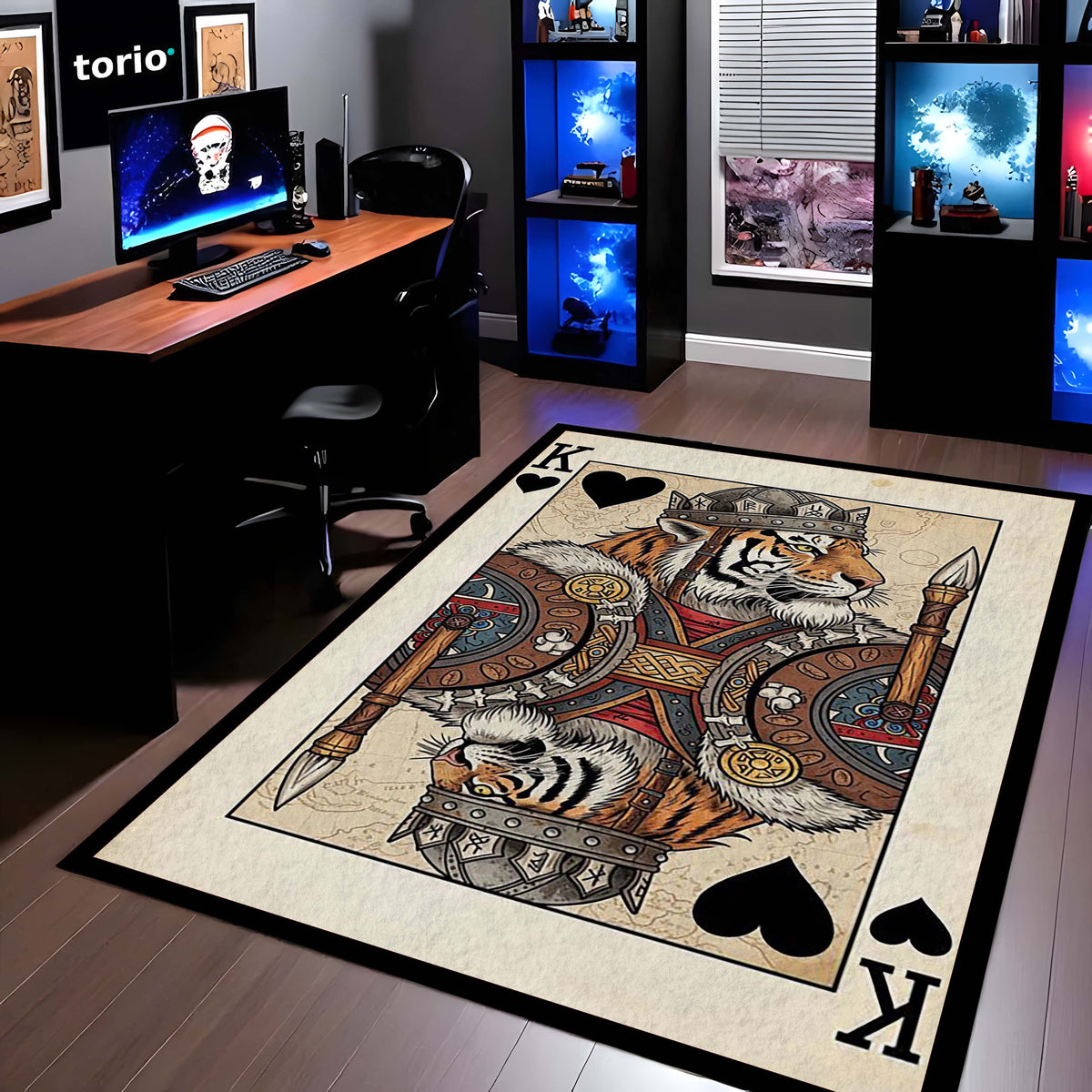 Tiger King Playing Card Area Flat Rug | King of Hearts Tiger Floor Mat | Royal Animal Design Flat Rug for Bedroom, Gaming Room & Luxury Home Decor