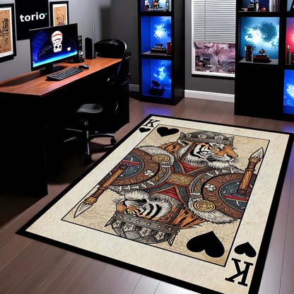 Tiger King Playing Card Area Flat Rug | King of Hearts Tiger Floor Mat | Royal Animal Design Flat Rug for Bedroom, Gaming Room & Luxury Home Decor