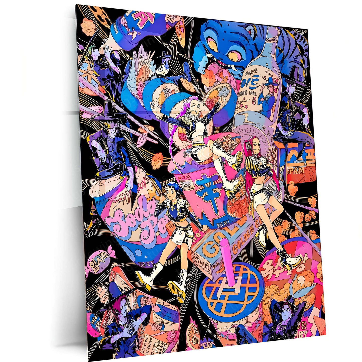 Anime Metal Poster | K-Pop × Demon Slayer – Neon Chaos Artwork | Vibrant Anime Pop Culture Metal Frame Poster