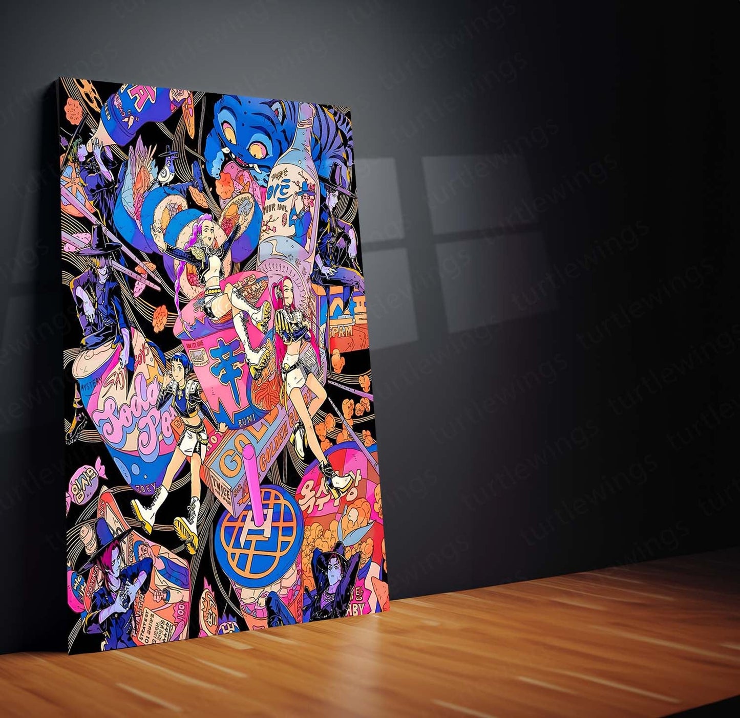 Anime Metal Poster | K-Pop × Demon Slayer – Neon Chaos Artwork | Vibrant Anime Pop Culture Metal Frame Poster