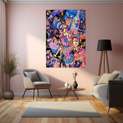Anime Metal Poster | K-Pop × Demon Slayer – Neon Chaos Artwork | Vibrant Anime Pop Culture Metal Frame Poster