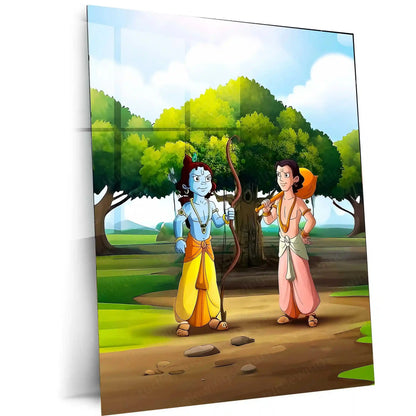 Spiritual Metal Poster | Krishna & Balarama Cartoonish Metal Poster | Playful Divine Brothers Wall Art - TURTLEWINGS