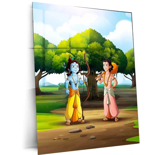 Spiritual Metal Poster | Krishna & Balarama Cartoonish Metal Poster | Playful Divine Brothers Wall Art - TURTLEWINGS