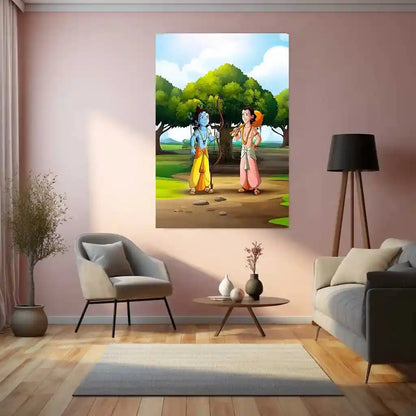 Spiritual Metal Poster | Krishna & Balarama Cartoonish Metal Poster | Playful Divine Brothers Wall Art - TURTLEWINGS