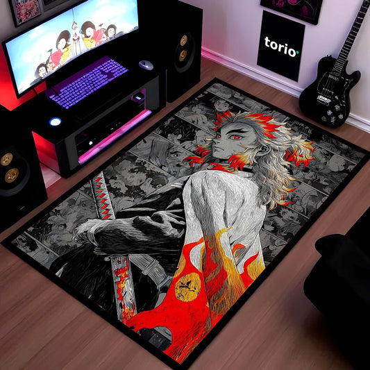 Flame Samurai Anime Area Flat Rug | Fire Warrior Sword Floor Mat | Demon Slayer Inspired Flat Rug for Bedroom, Gaming Room & Anime Decor
