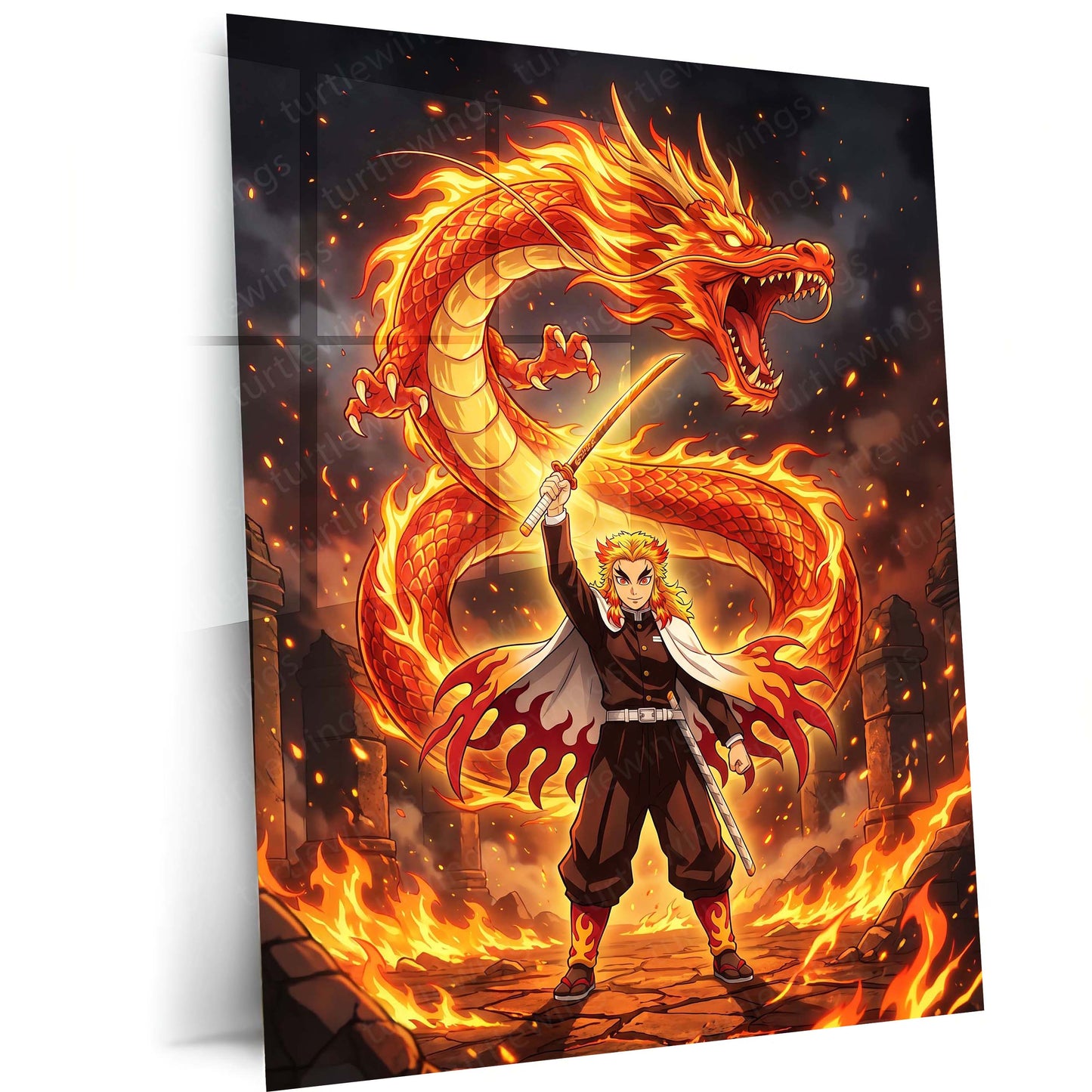 Anime Metal Poster | Kyojuro Rengoku Flame Dragon Metal Poster | Demon Slayer Anime Wall Art | Premium Fire Hashira Metal Print
