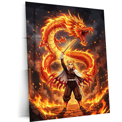 Anime Metal Poster | Kyojuro Rengoku Flame Dragon Metal Poster | Demon Slayer Anime Wall Art | Premium Fire Hashira Metal Print