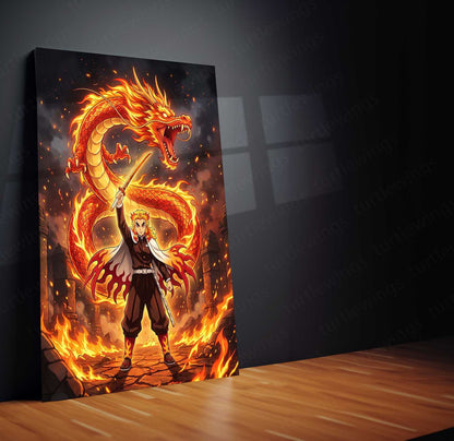Anime Metal Poster | Kyojuro Rengoku Flame Dragon Metal Poster | Demon Slayer Anime Wall Art | Premium Fire Hashira Metal Print