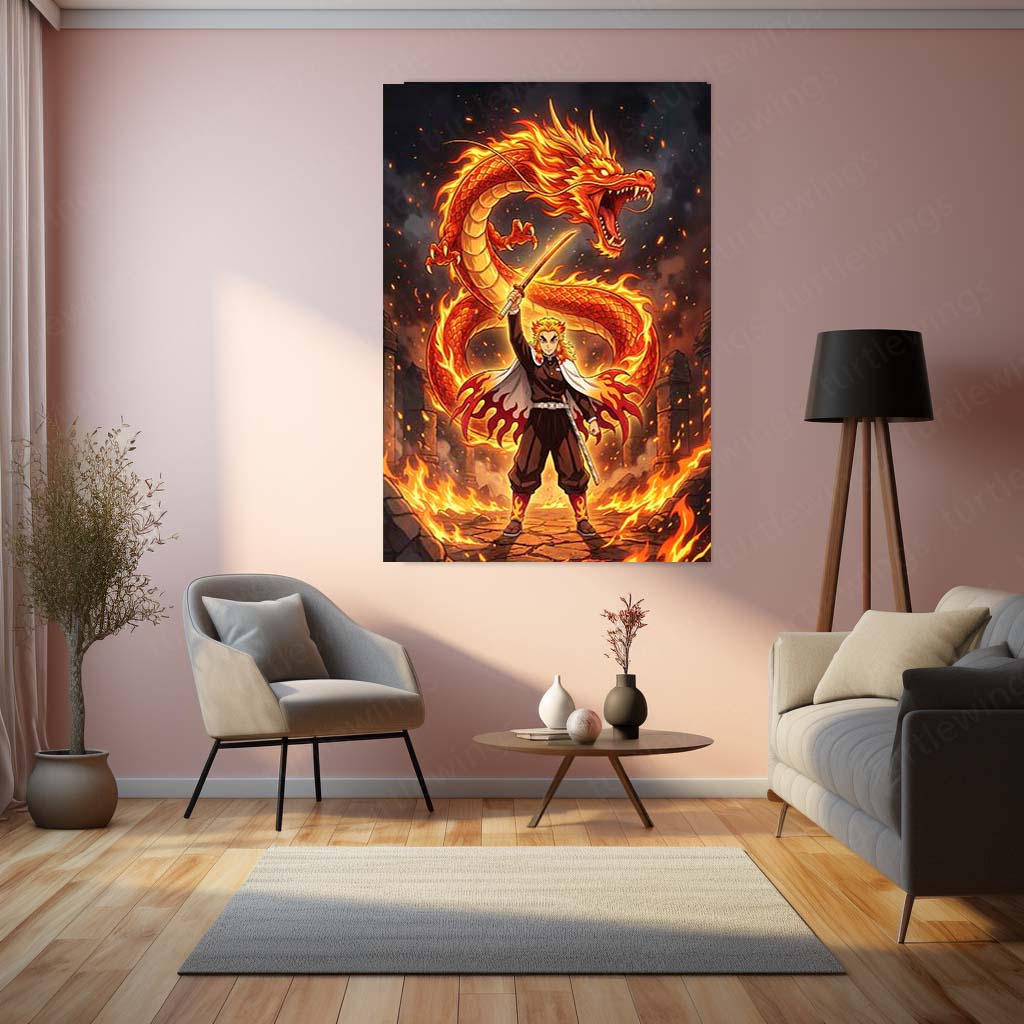 Anime Metal Poster | Kyojuro Rengoku Flame Dragon Metal Poster | Demon Slayer Anime Wall Art | Premium Fire Hashira Metal Print