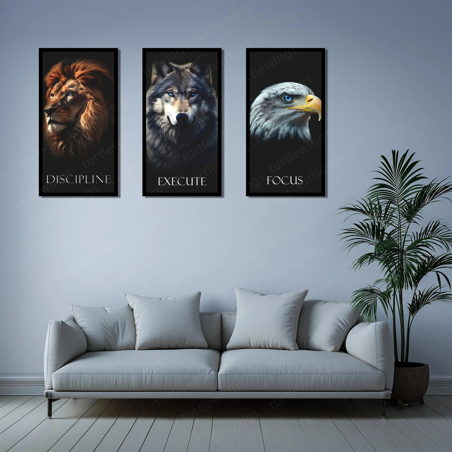 Urban aesthetic Metal Poster | Discipline, Execute, Focus – Motivational 3-Piece Metal Poster Set Fox Egale Lion | With Frame - TURTLEWINGS 