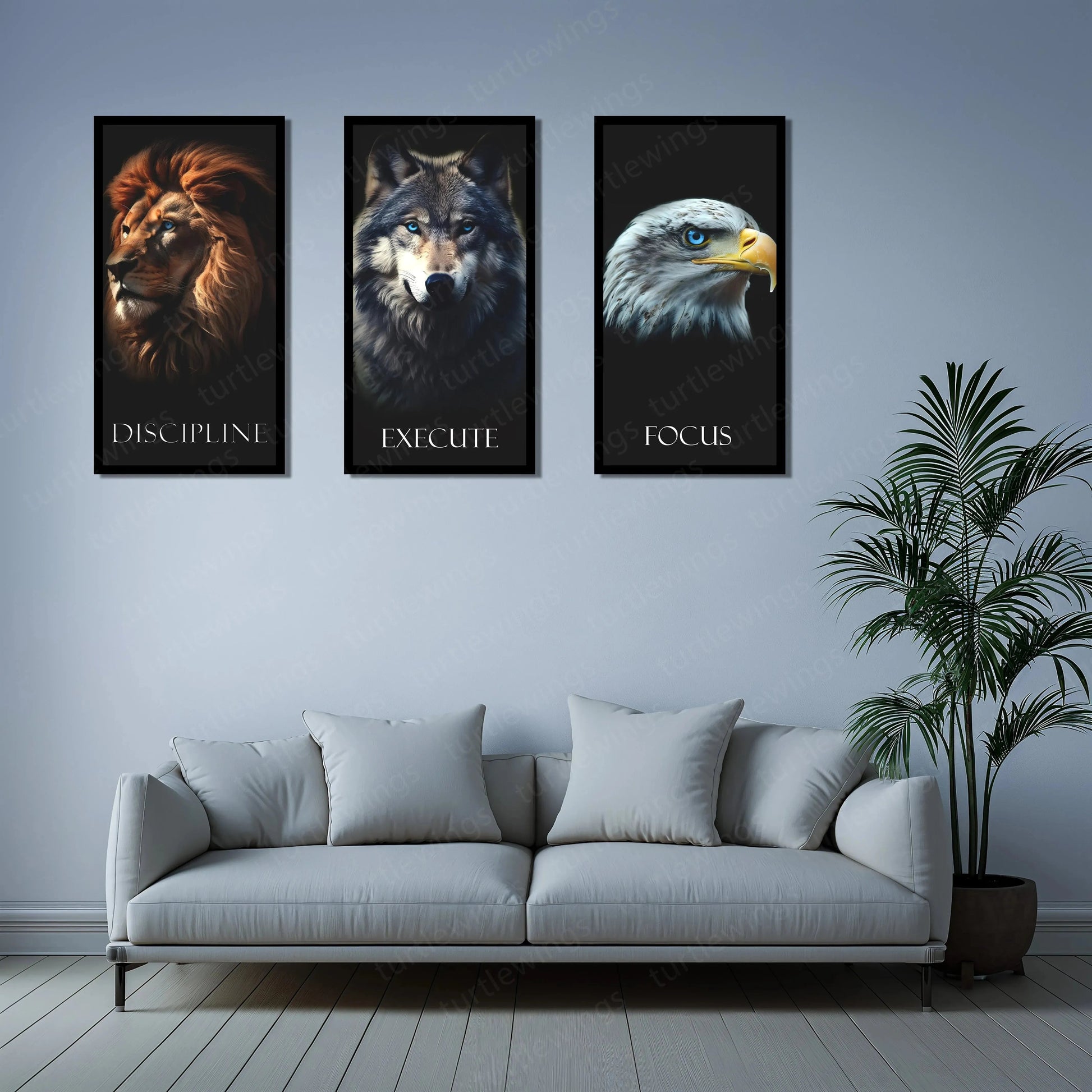 Urban aesthetic Metal Poster | Discipline, Execute, Focus – Motivational 3-Piece Metal Poster Set Fox Egale Lion | With Frame - TURTLEWINGS 