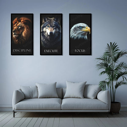 Urban aesthetic Metal Poster | Discipline, Execute, Focus – Motivational 3-Piece Metal Poster Set Fox Egale Lion | With Frame - TURTLEWINGS 