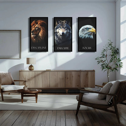 Urban aesthetic Metal Poster | Discipline, Execute, Focus – Motivational 3-Piece Metal Poster Set Fox Egale Lion | With Frame - TURTLEWINGS 