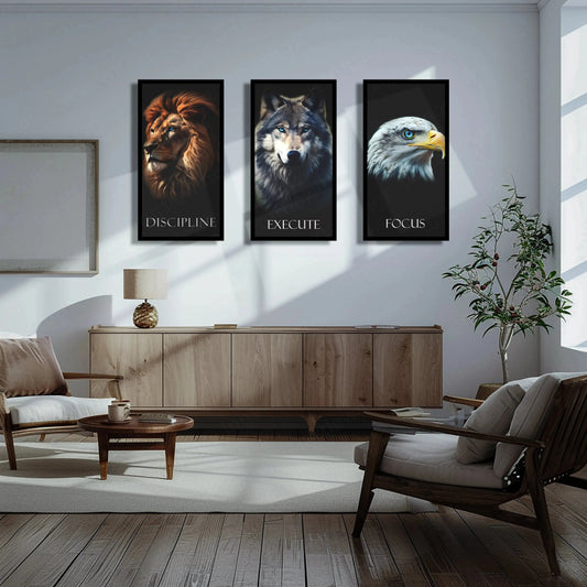 Urban aesthetic Metal Poster | Discipline, Execute, Focus – Motivational 3-Piece Metal Poster Set Fox Egale Lion | With Frame - TURTLEWINGS 