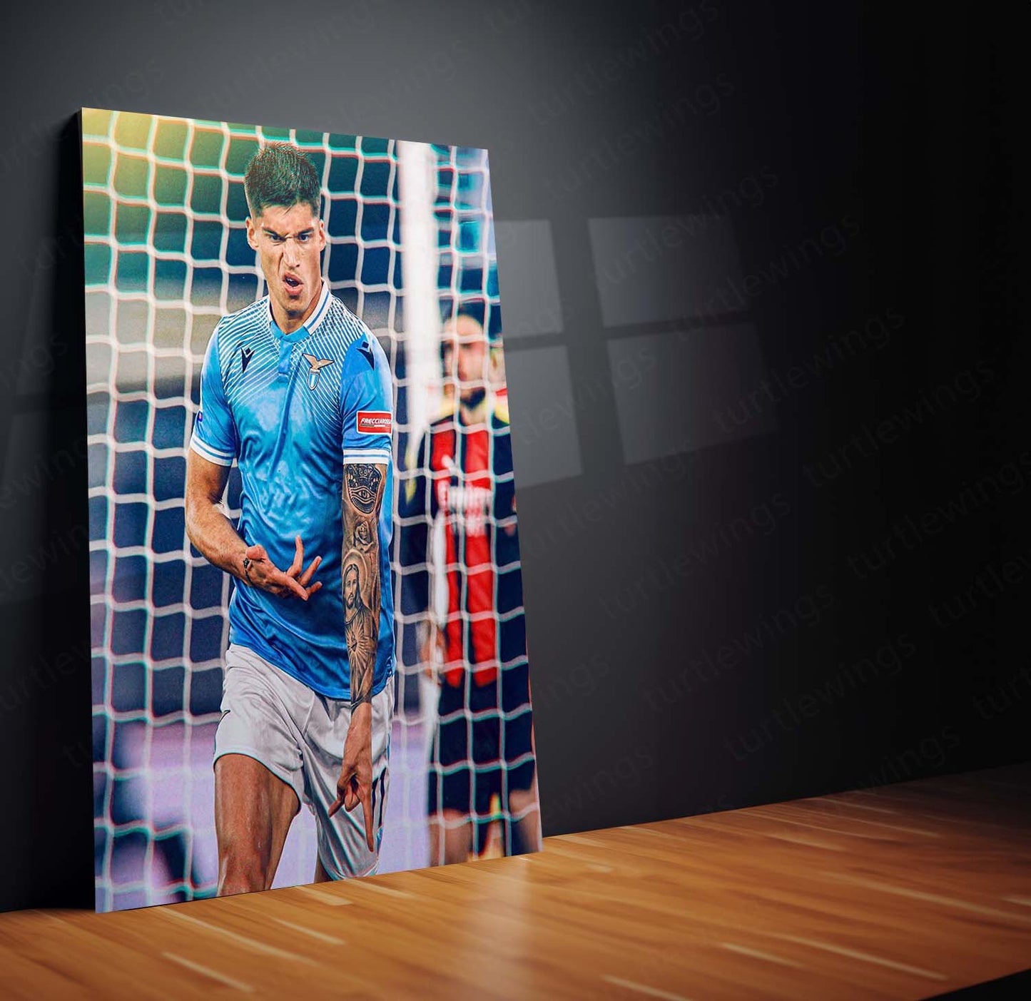 Joaquín Correa Lazio Metal Frame – Home Kit with Captain’s Armband & Tattoo Sleeve | Italian Football Wall Art - TURTLEWINGS