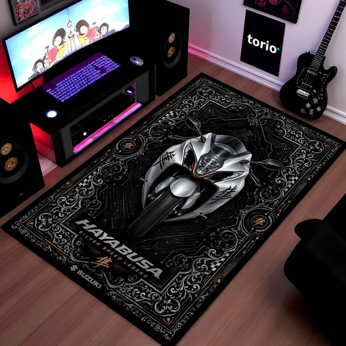 Suzuki Hayabusa Ornate Area Flat Rug | Luxury Superbike Persian Style Flat Rug for Living Room, Gaming Room & Motorcycle Decor