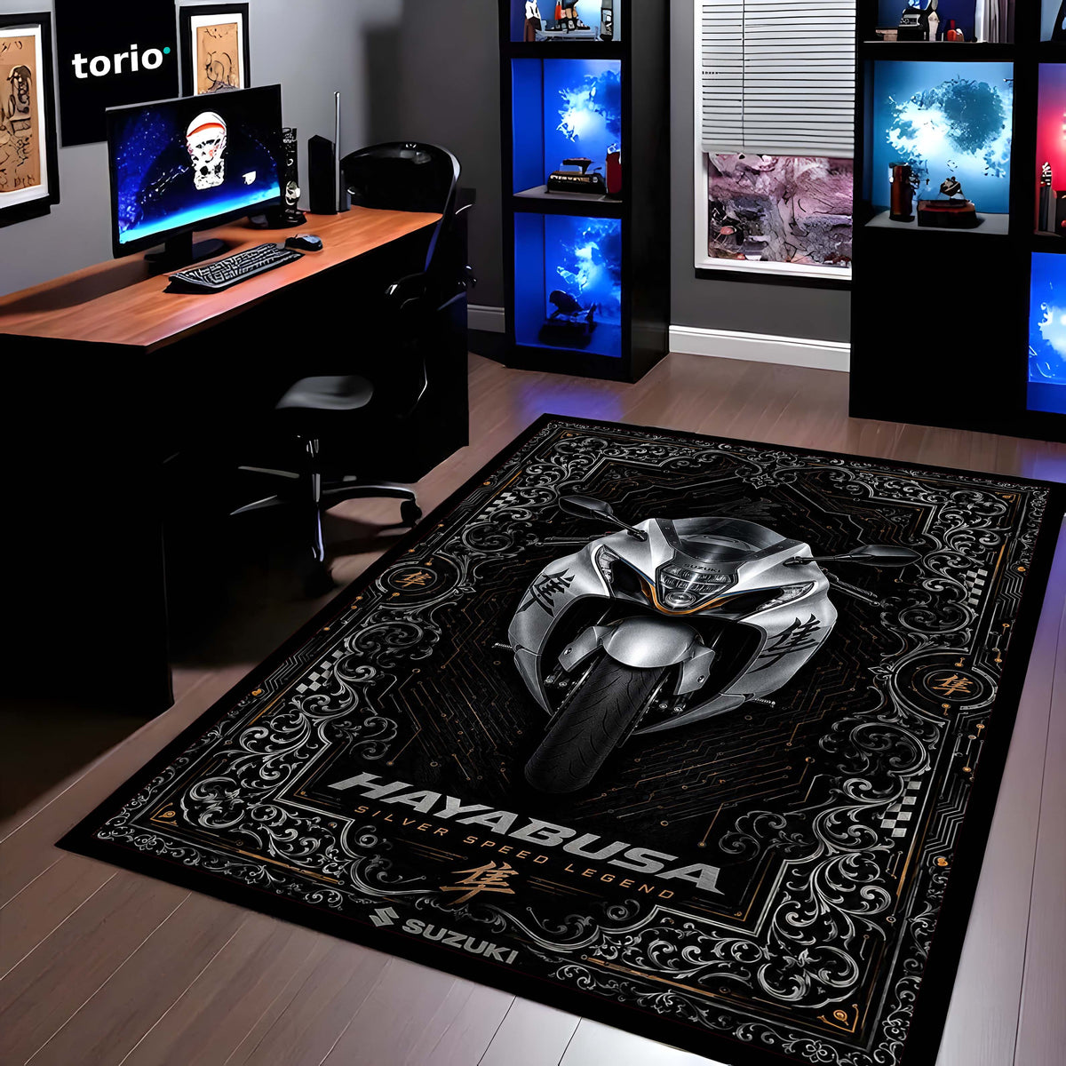 Suzuki Hayabusa Ornate Area Flat Rug | Luxury Superbike Persian Style Flat Rug for Living Room, Gaming Room & Motorcycle Decor