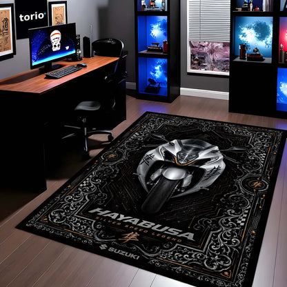 Suzuki Hayabusa Ornate Area Flat Rug | Luxury Superbike Persian Style Flat Rug for Living Room, Gaming Room & Motorcycle Decor